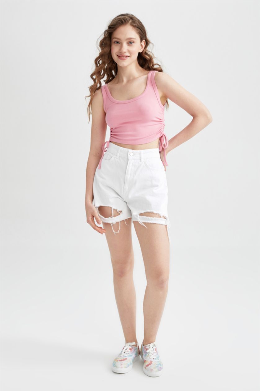 FEMME Rose Débardeur court ajusté à fronces sur les côtés