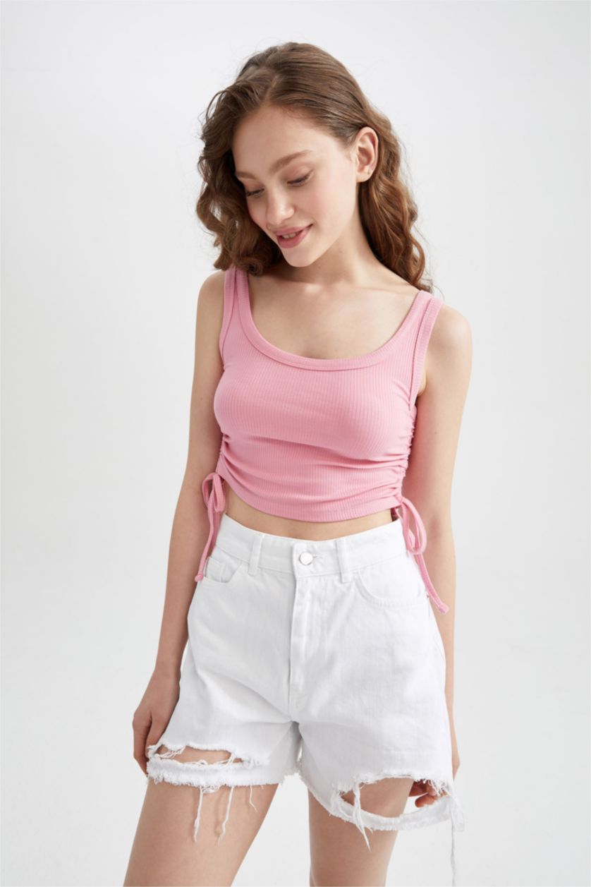 FEMME Rose Débardeur court ajusté à fronces sur les côtés