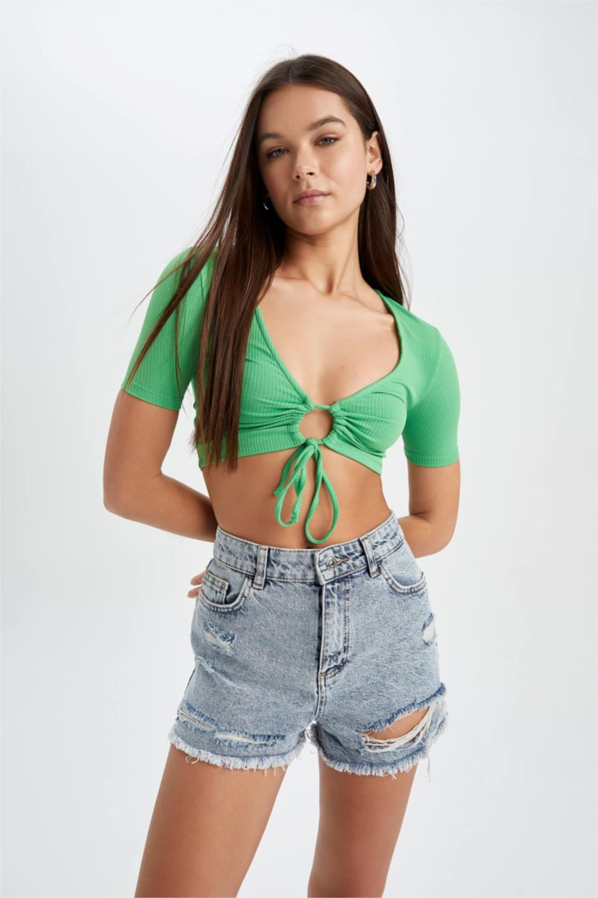 Женщины Зеленый Кроп топ с V-образным вырезом, Coool