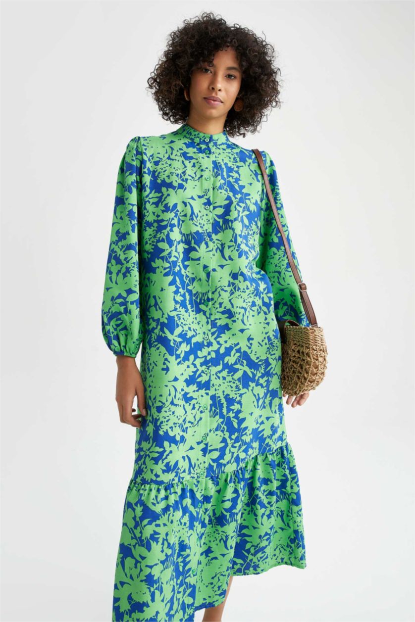 WOMAN Dark Green A-Line Floral Patterned Long Sleeve Maxi Dress