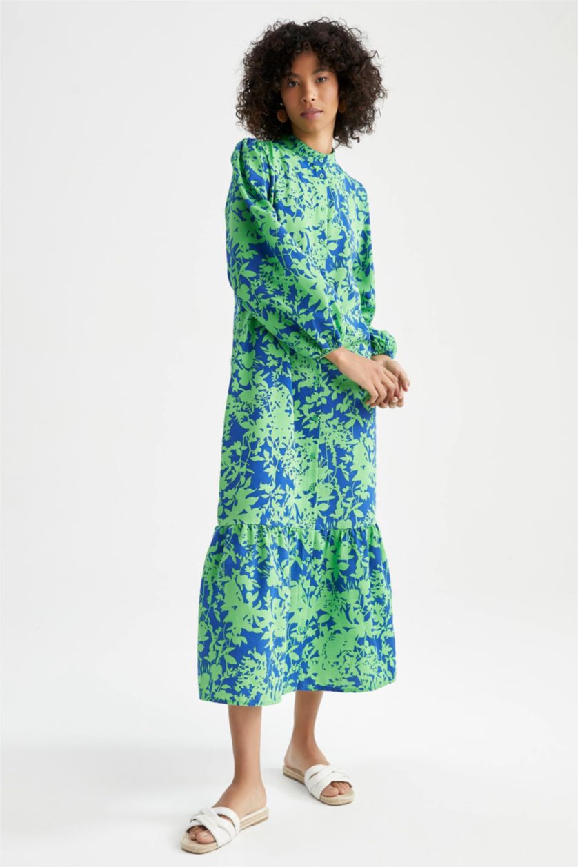 WOMAN Dark Green A-Line Floral Patterned Long Sleeve Maxi Dress