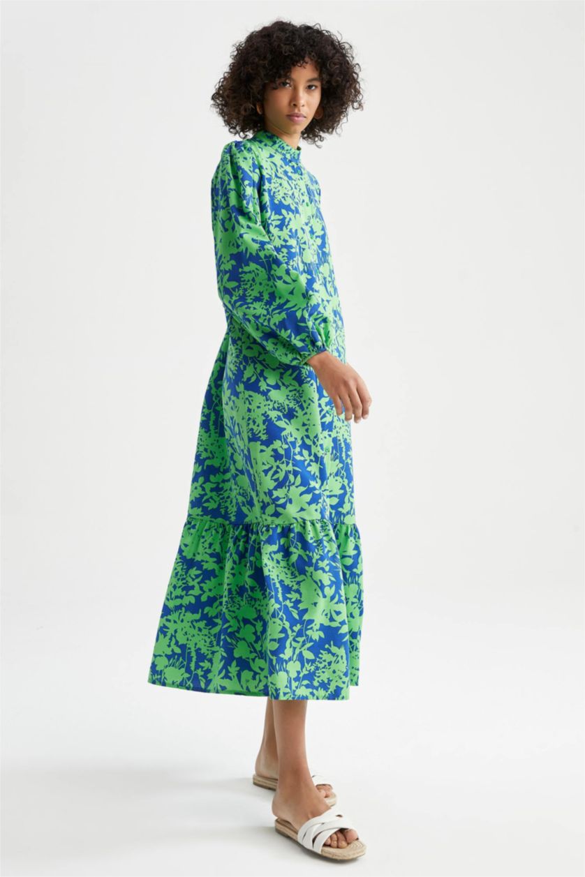 WOMAN Dark Green A-Line Floral Patterned Long Sleeve Maxi Dress