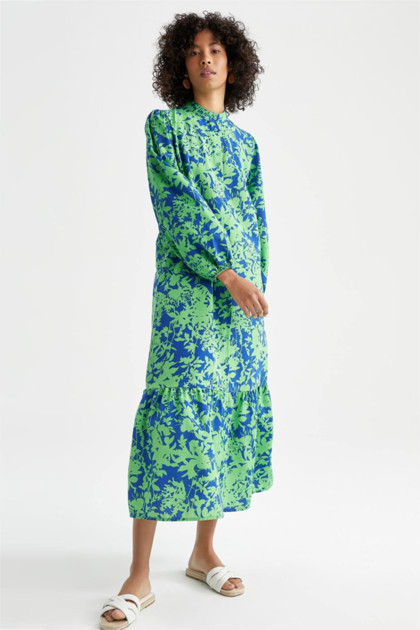 WOMAN Dark Green A-Line Floral Patterned Long Sleeve Maxi Dress