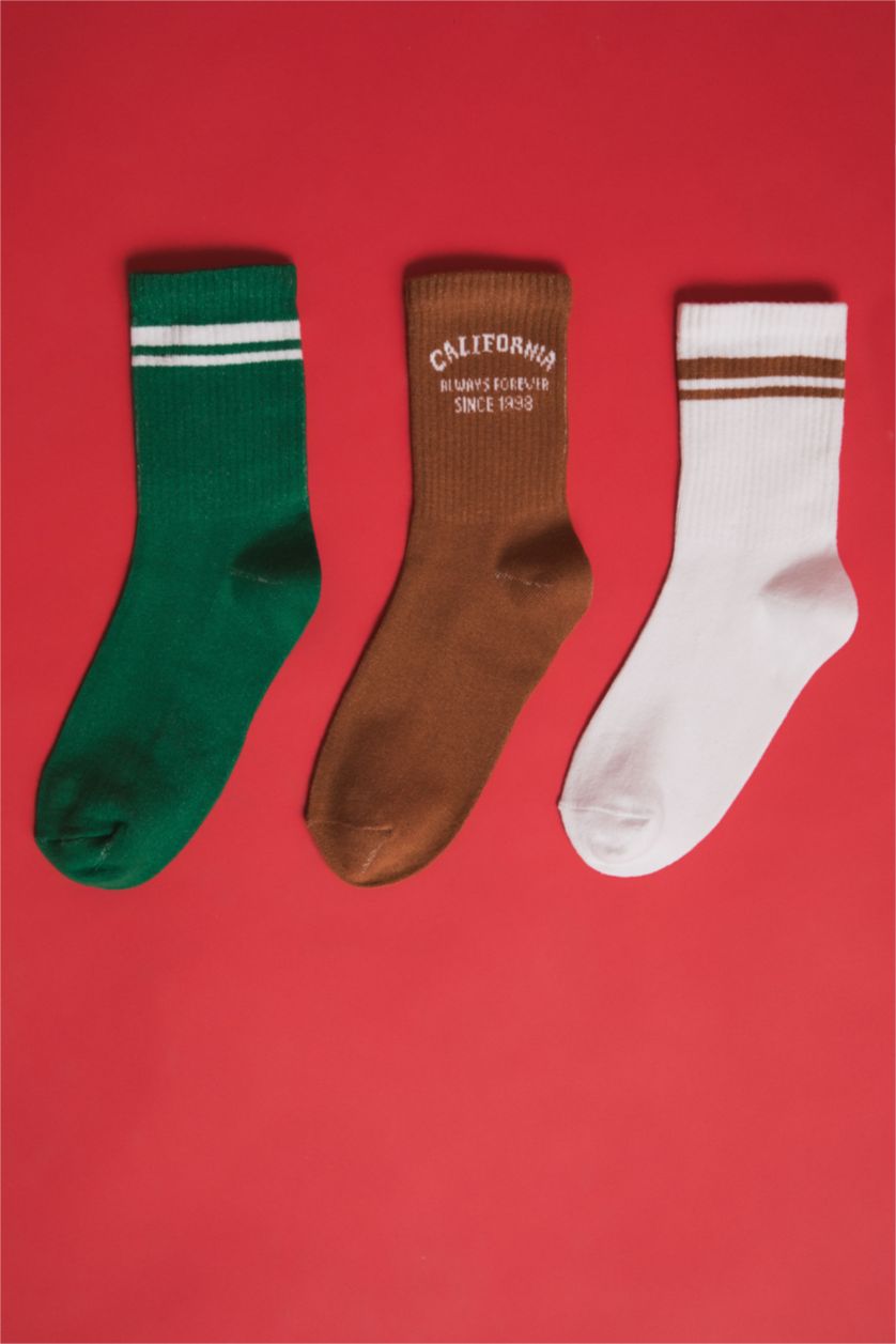 Kadın Karma Kadın Slogan Baskılı 3'lü Pamuklu Uzun Çorap