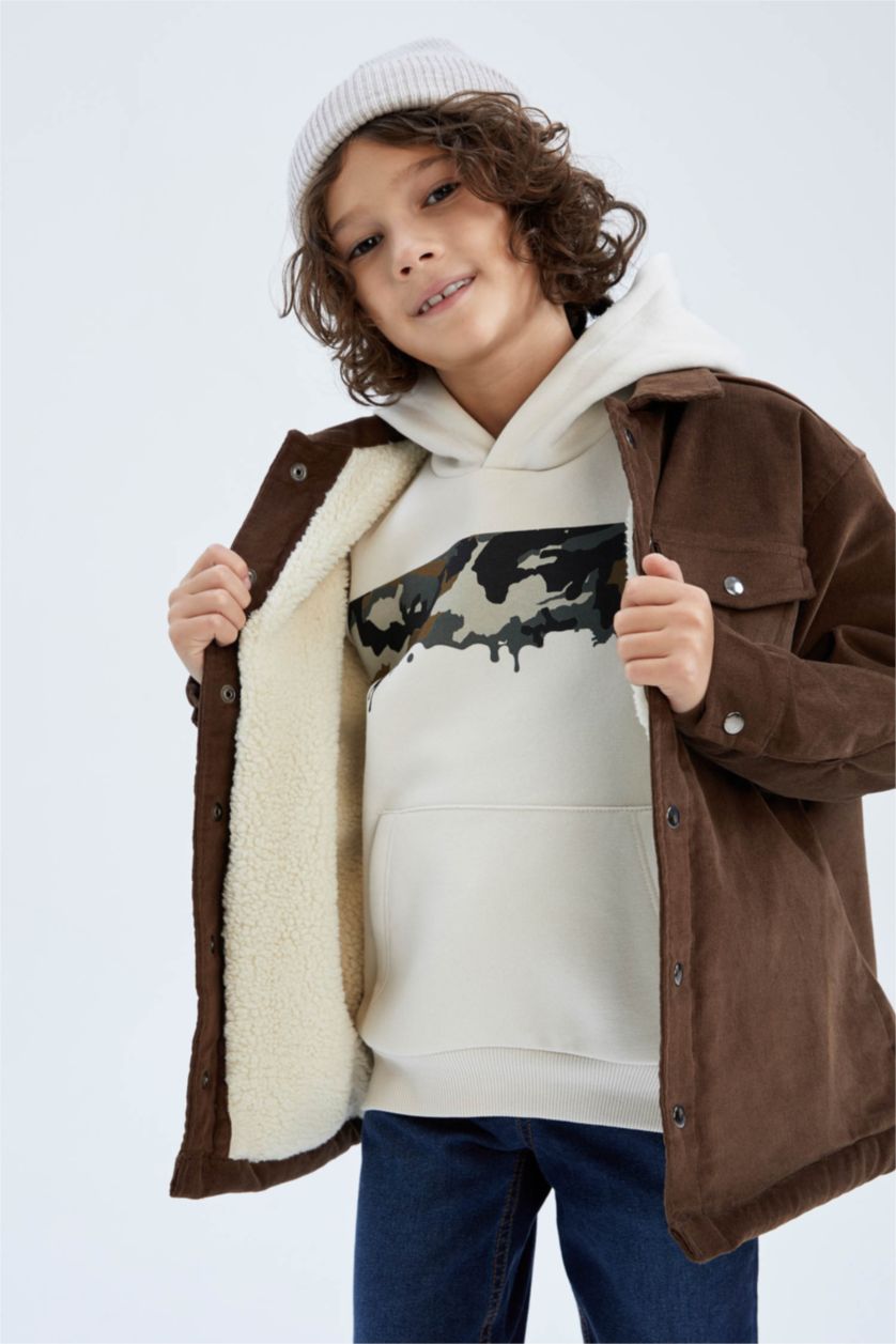 Erkek Çocuk - Genç Erkek Kahve Erkek Çocuk Fitilli Kadife Pelüş Astar Mont