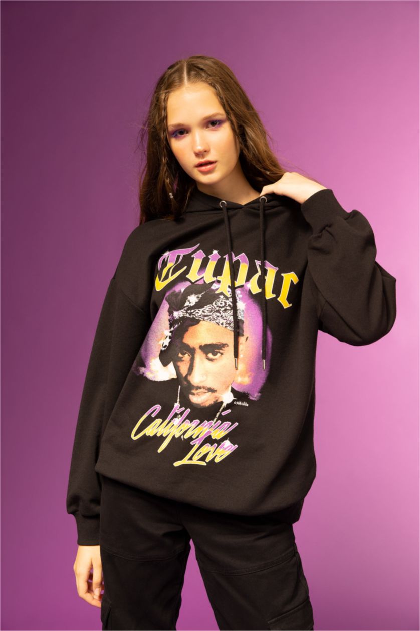 Kadın Siyah Coool Tupac Oversize Fit Kapüşonlu Sweatshirt