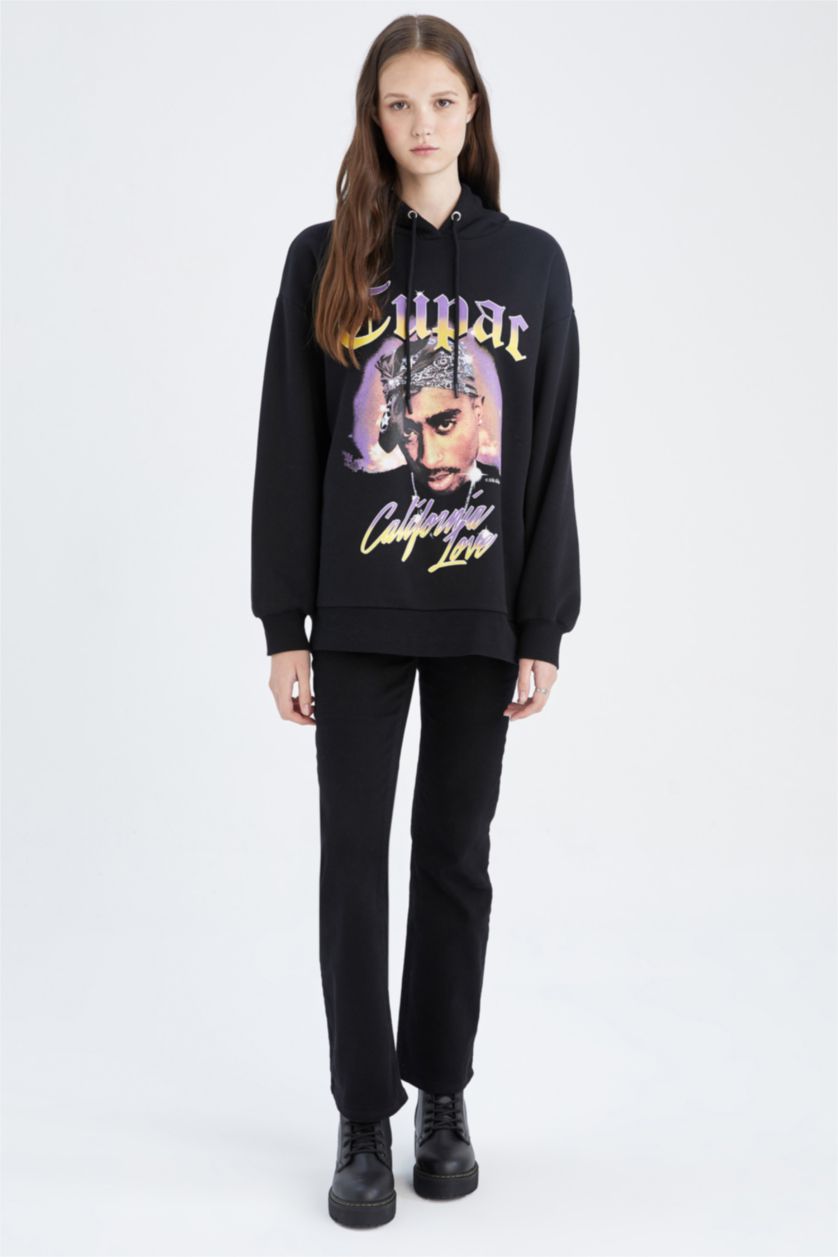 Kadın Siyah Coool Tupac Oversize Fit Kapüşonlu Sweatshirt