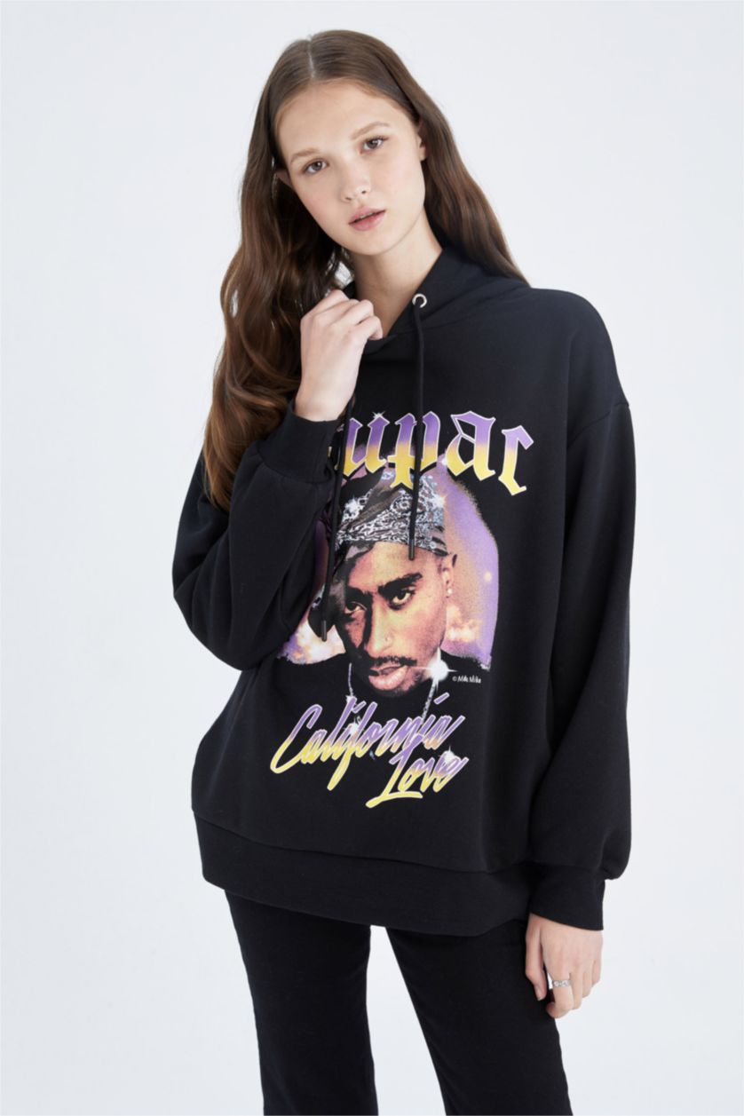 Kadın Siyah Coool Tupac Oversize Fit Kapüşonlu Sweatshirt