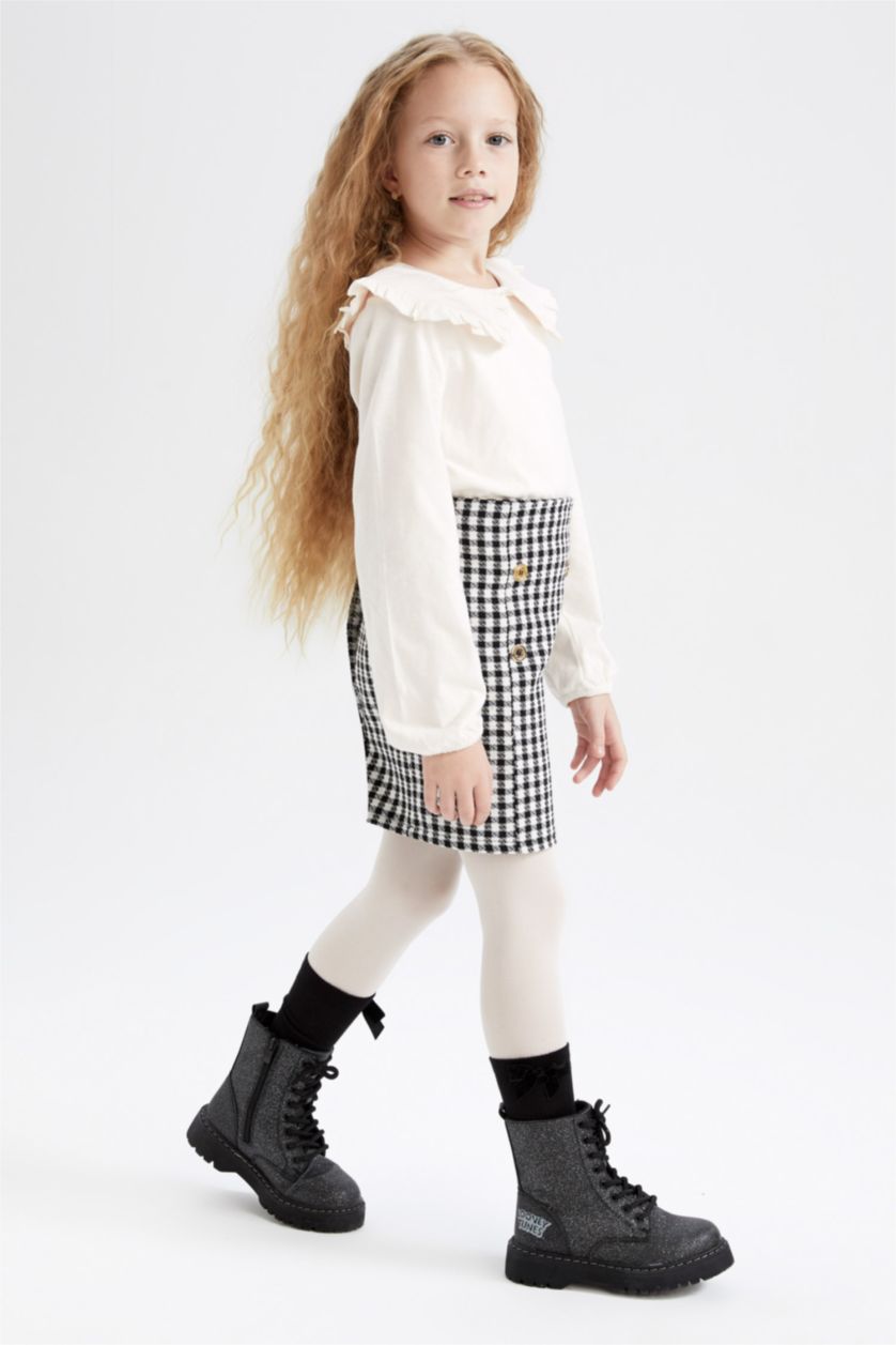 بنات أبيض طقم بناتي تنورة كاروهات و تي شيرت بأكمام طويلة بياقة عريضة