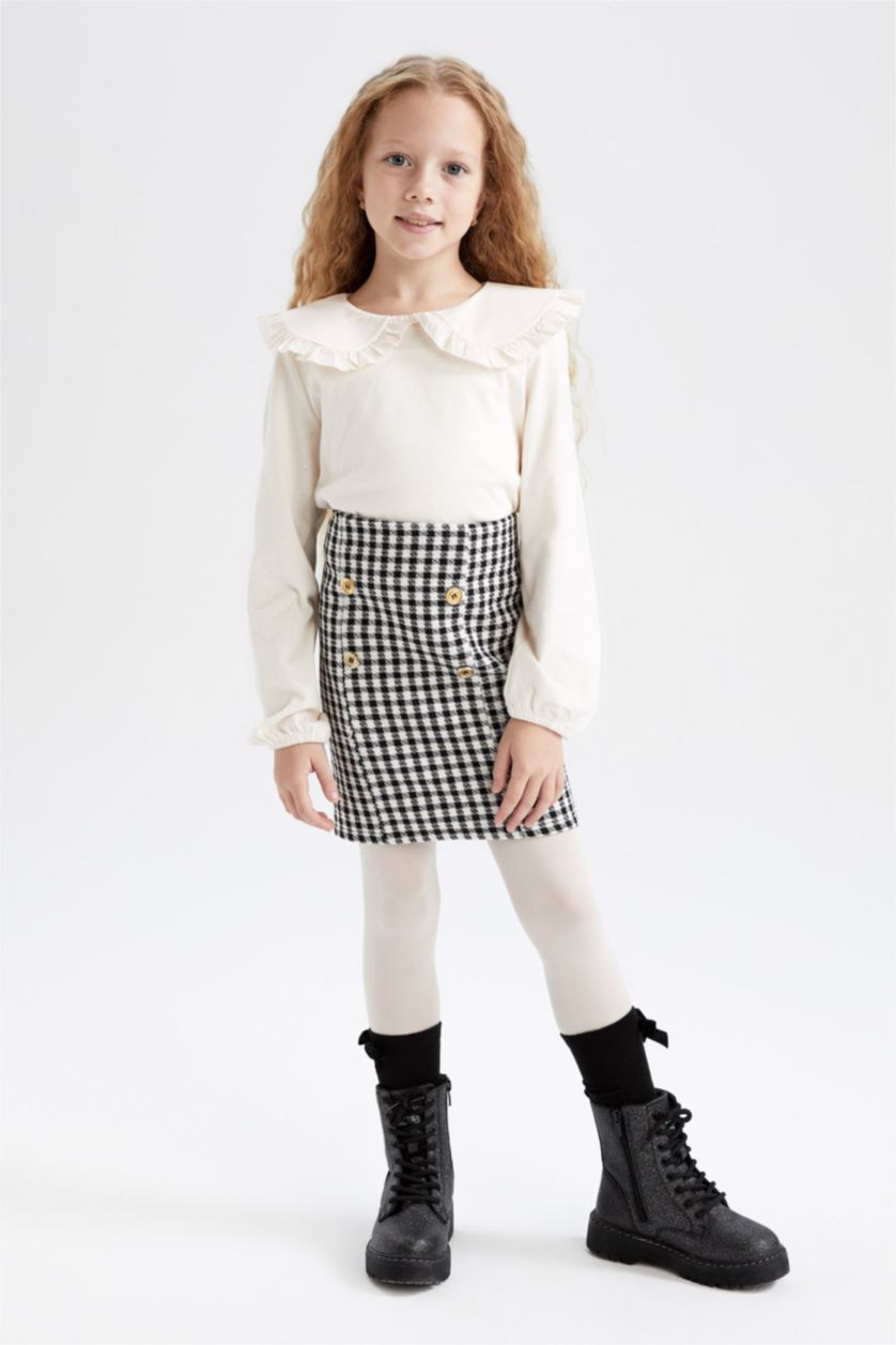 بنات أبيض طقم بناتي تنورة كاروهات و تي شيرت بأكمام طويلة بياقة عريضة