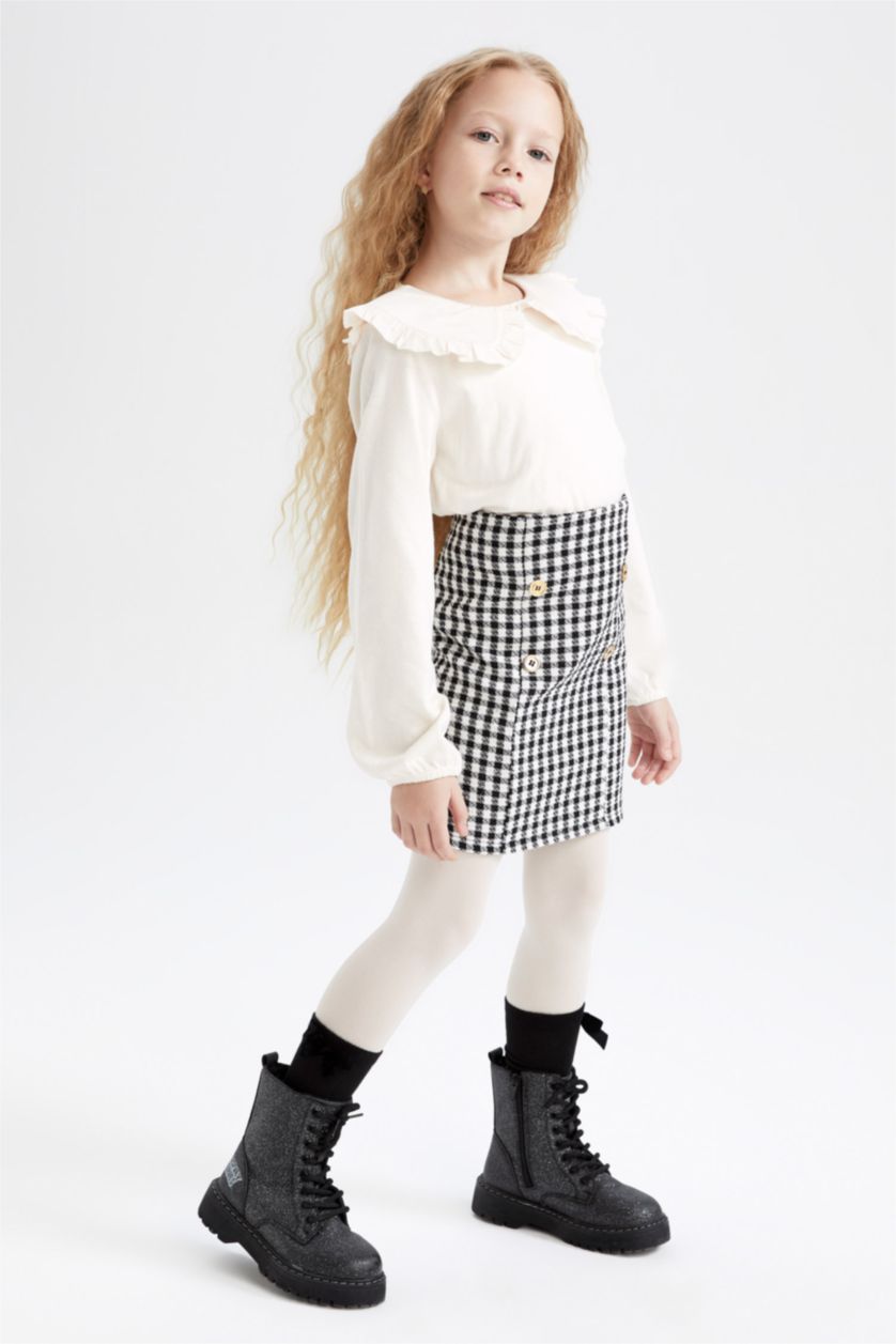 بنات أبيض طقم بناتي تنورة كاروهات و تي شيرت بأكمام طويلة بياقة عريضة