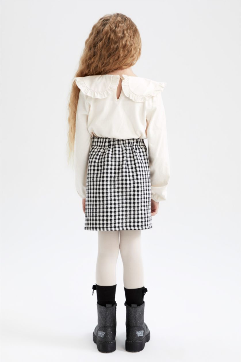 بنات أبيض طقم بناتي تنورة كاروهات و تي شيرت بأكمام طويلة بياقة عريضة