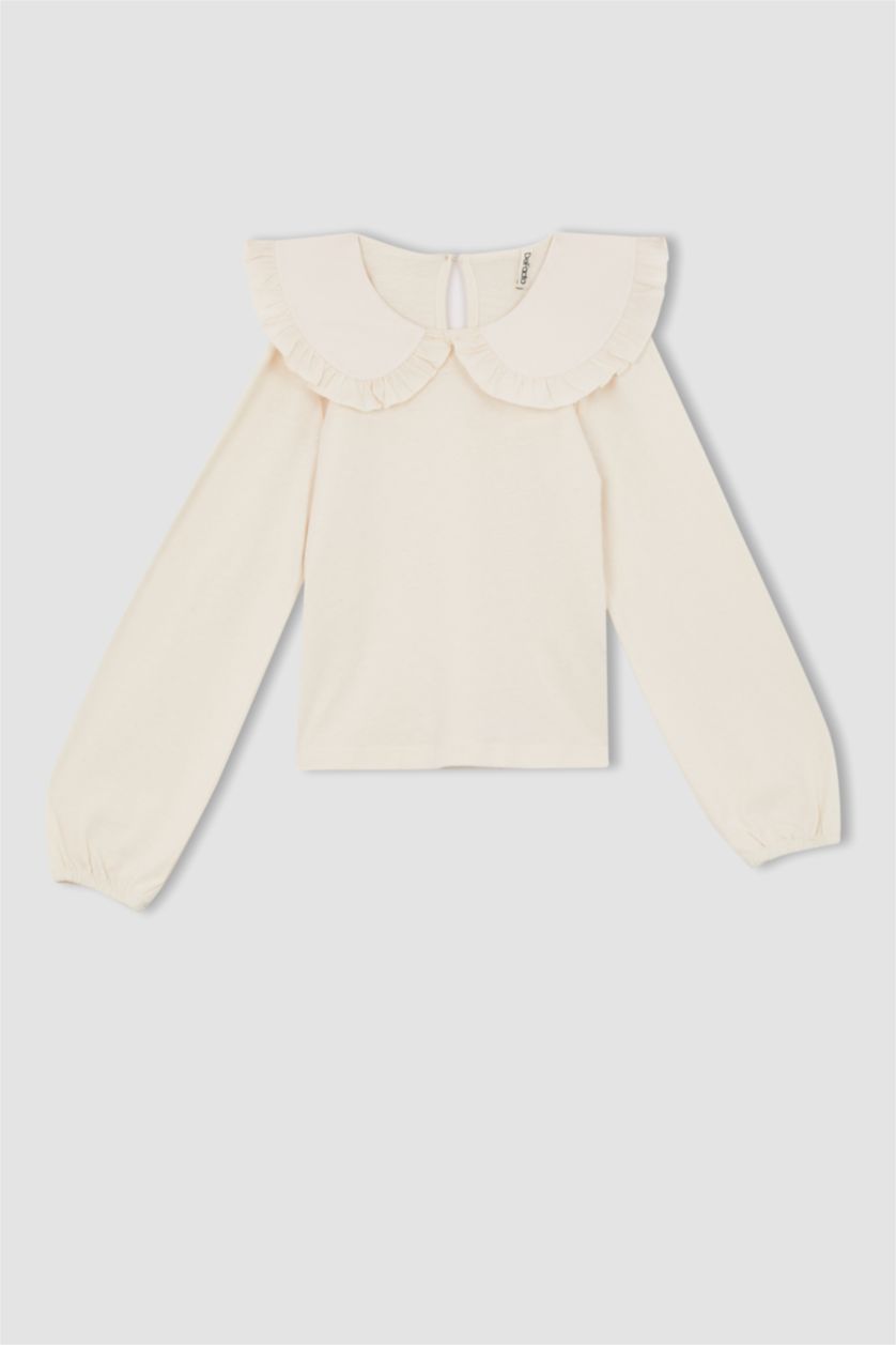 بنات أبيض طقم بناتي تنورة كاروهات و تي شيرت بأكمام طويلة بياقة عريضة