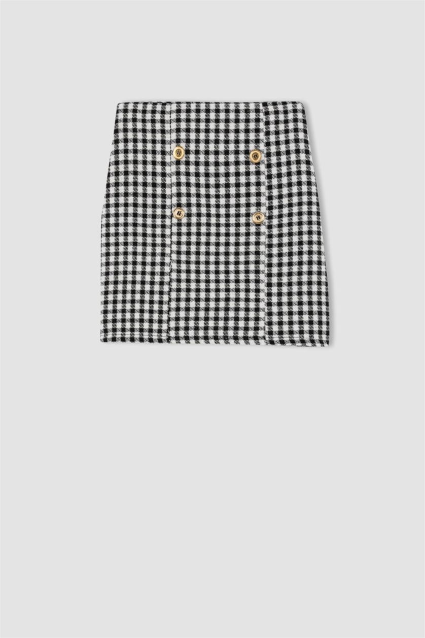 بنات أبيض طقم بناتي تنورة كاروهات و تي شيرت بأكمام طويلة بياقة عريضة