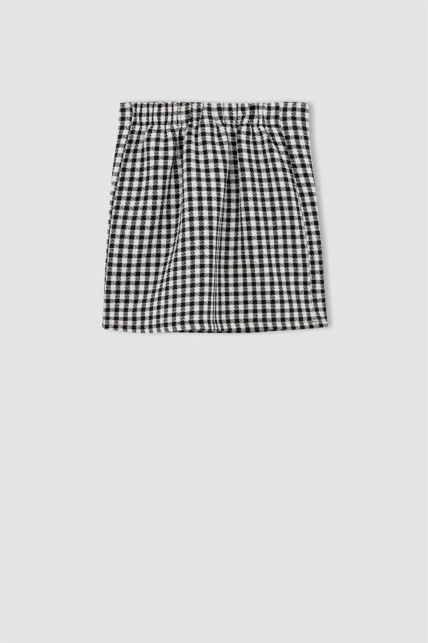 بنات أبيض طقم بناتي تنورة كاروهات و تي شيرت بأكمام طويلة بياقة عريضة