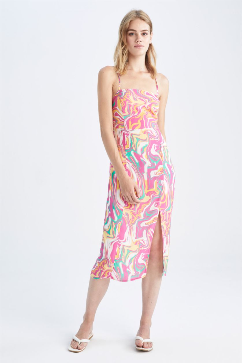 WOMAN Pink Cross Back Detail Rope Strap Viscose Midi Dress