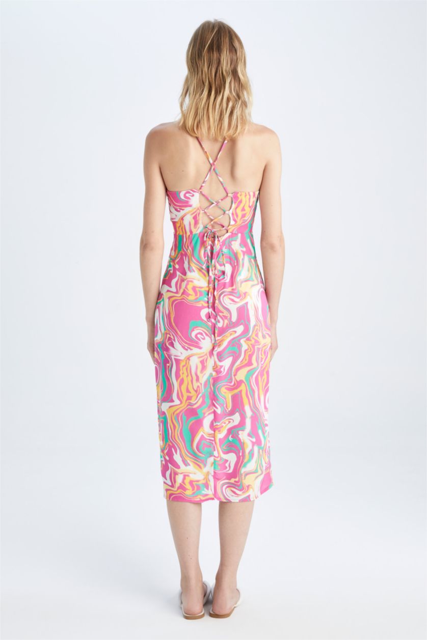 WOMAN Pink Cross Back Detail Rope Strap Viscose Midi Dress