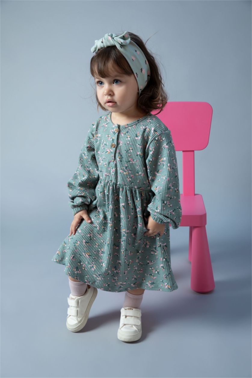 Baby Girl Light Green Regular Fit Flower Long Sleeve Knitted Dress