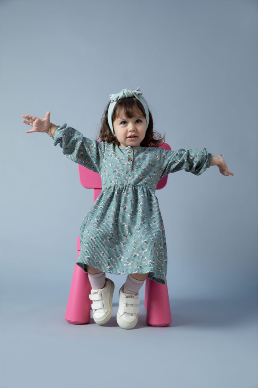 Baby Girl Light Green Regular Fit Flower Long Sleeve Knitted Dress