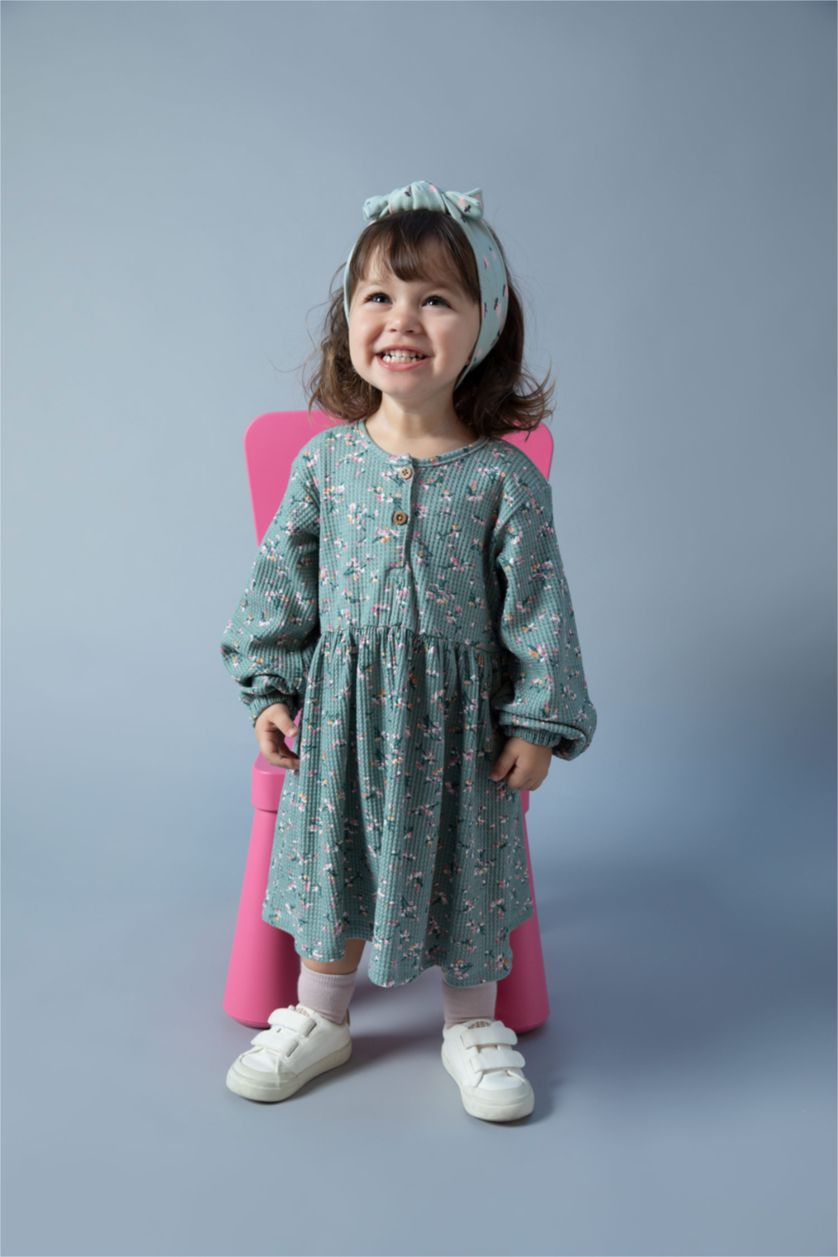 Baby Girl Light Green Regular Fit Flower Long Sleeve Knitted Dress