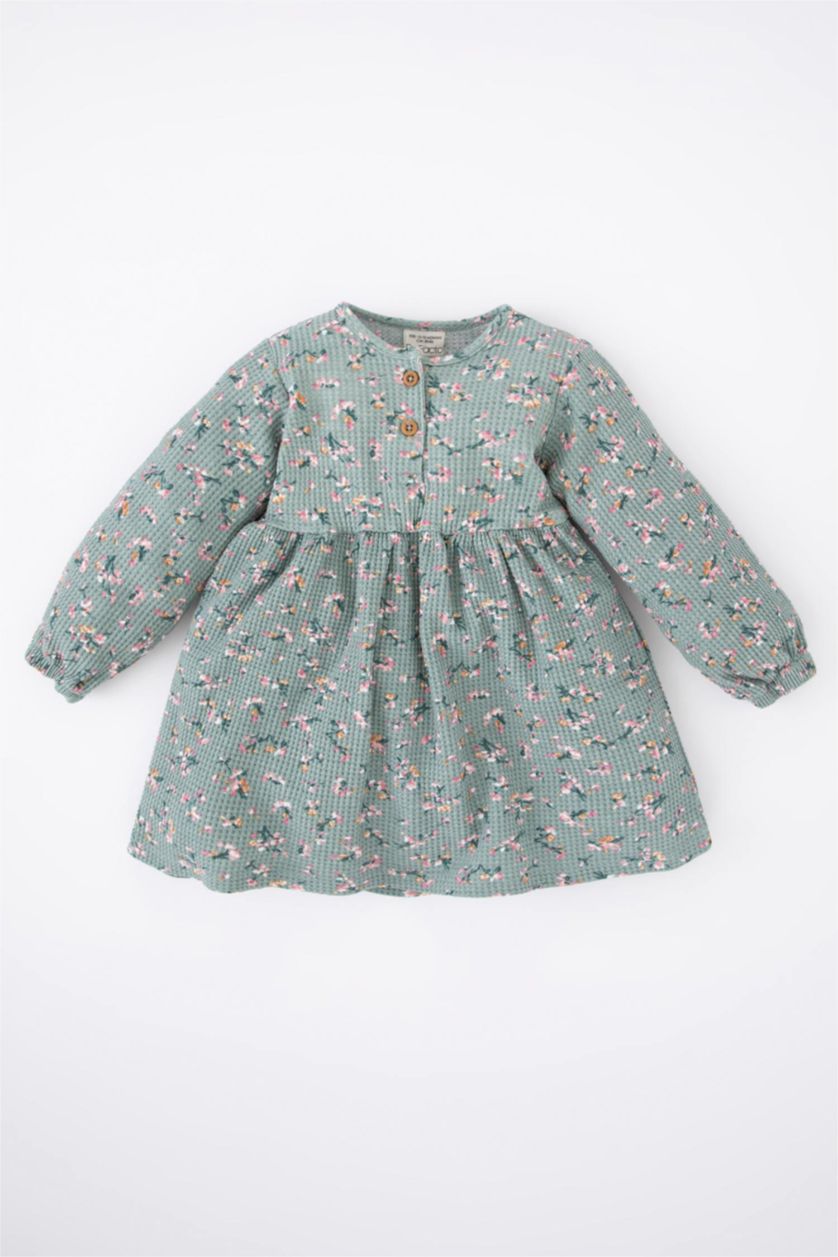 Baby Girl Light Green Regular Fit Flower Long Sleeve Knitted Dress