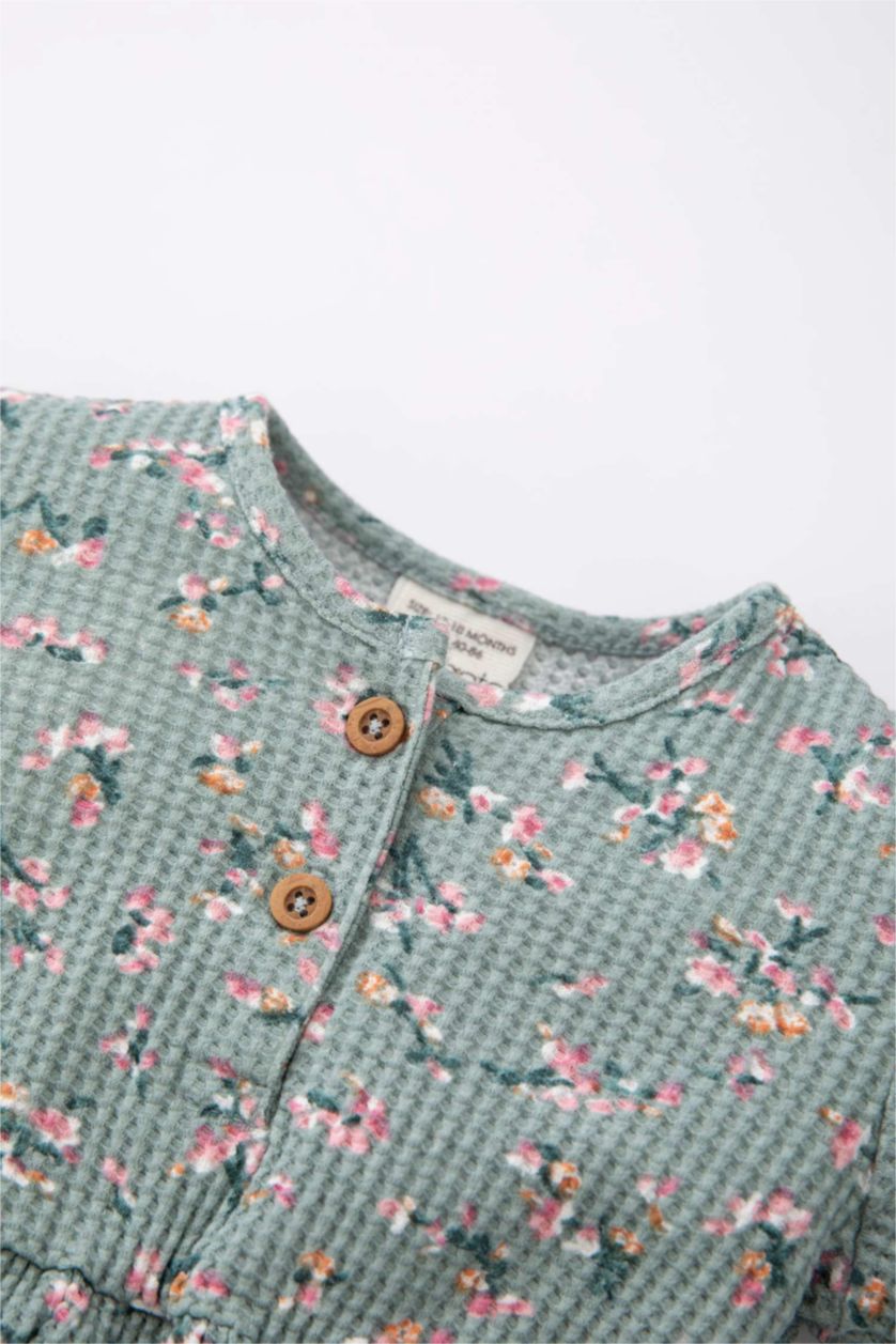 Baby Girl Light Green Regular Fit Flower Long Sleeve Knitted Dress