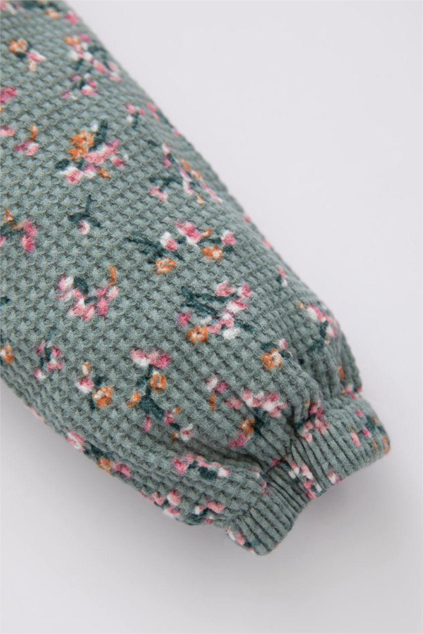 Baby Girl Light Green Regular Fit Flower Long Sleeve Knitted Dress