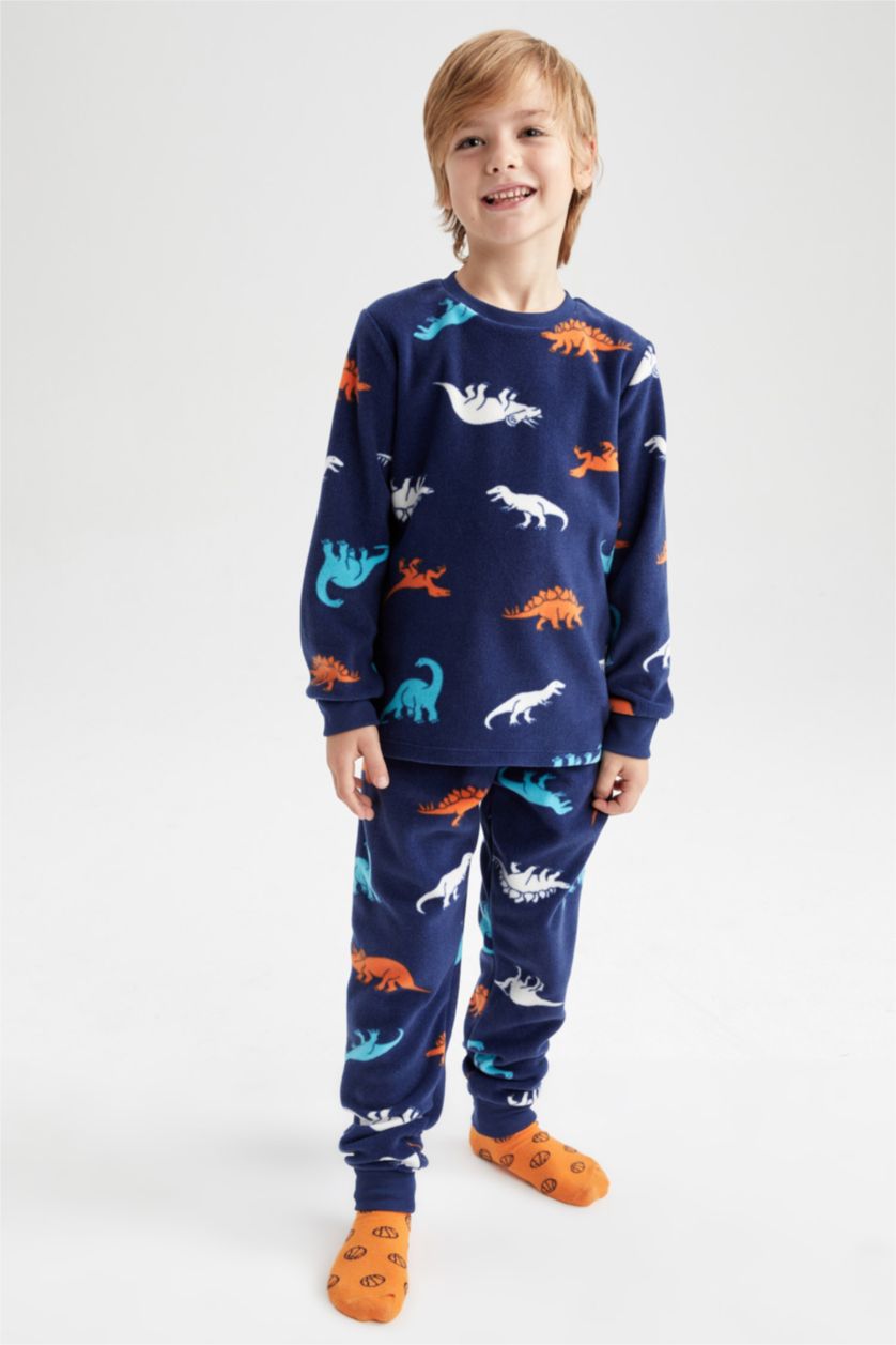 Erkek Çocuk - Genç Erkek Lacivert Erkek Çocuk Desenli Polar Uzun Kollu Pijama Takımı