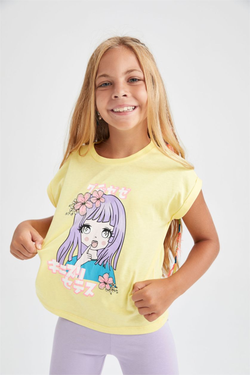 FILLES Jaune Clair Ensemble En Tricot Col Ras Du Cou Manche Courte 2 Fille