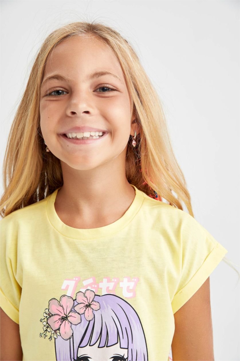 FILLES Jaune Clair Ensemble En Tricot Col Ras Du Cou Manche Courte 2 Fille