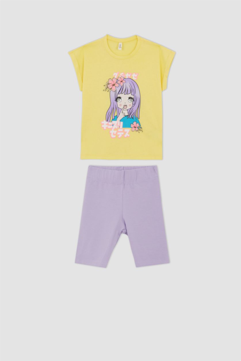 FILLES Jaune Clair Ensemble En Tricot Col Ras Du Cou Manche Courte 2 Fille