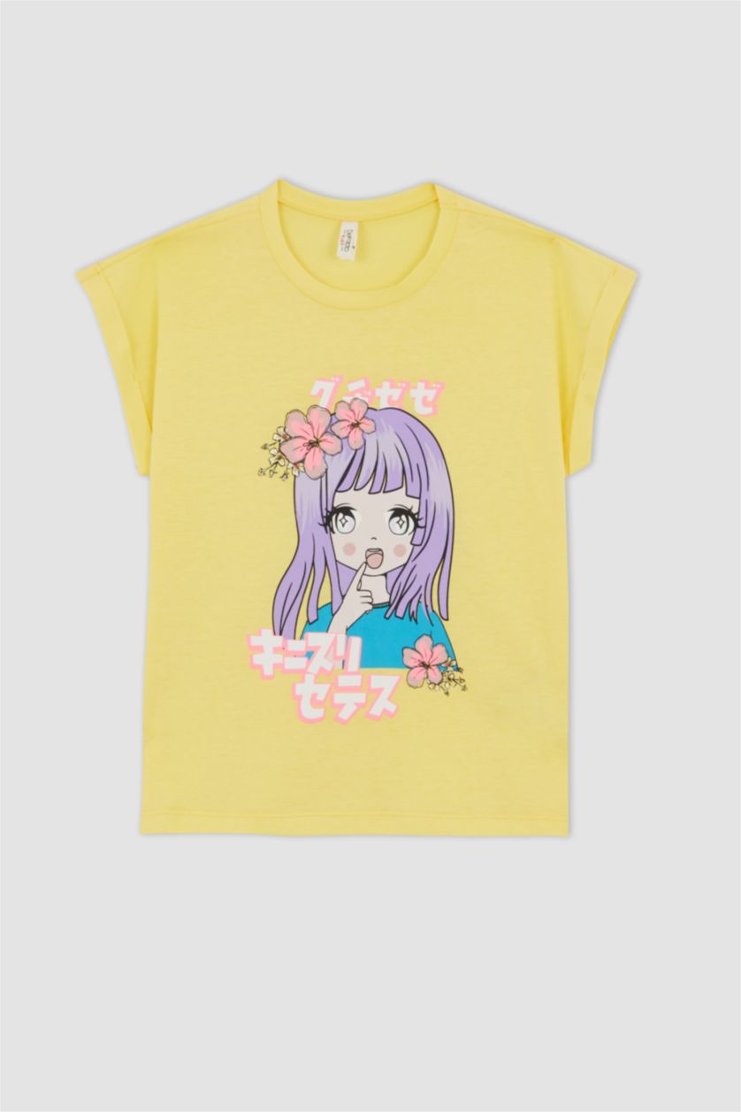 FILLES Jaune Clair Ensemble En Tricot Col Ras Du Cou Manche Courte 2 Fille