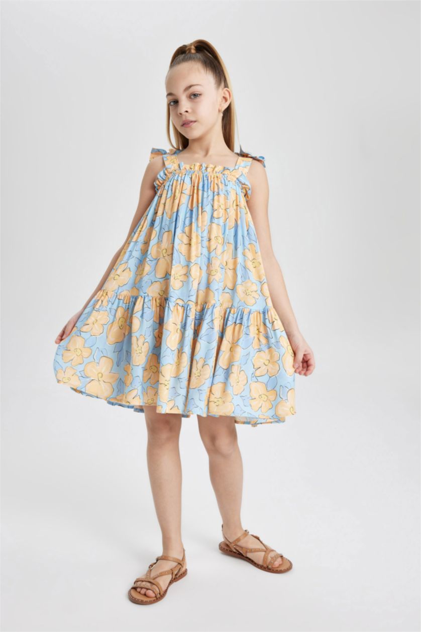 FILLES Bleu Robe à bretelles à motif floral pour fille