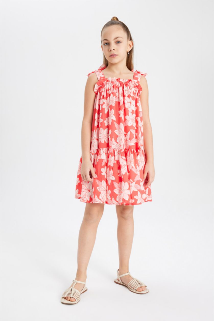 GIRLS & TEENS Coral Strappy Floral Patterned Dress
