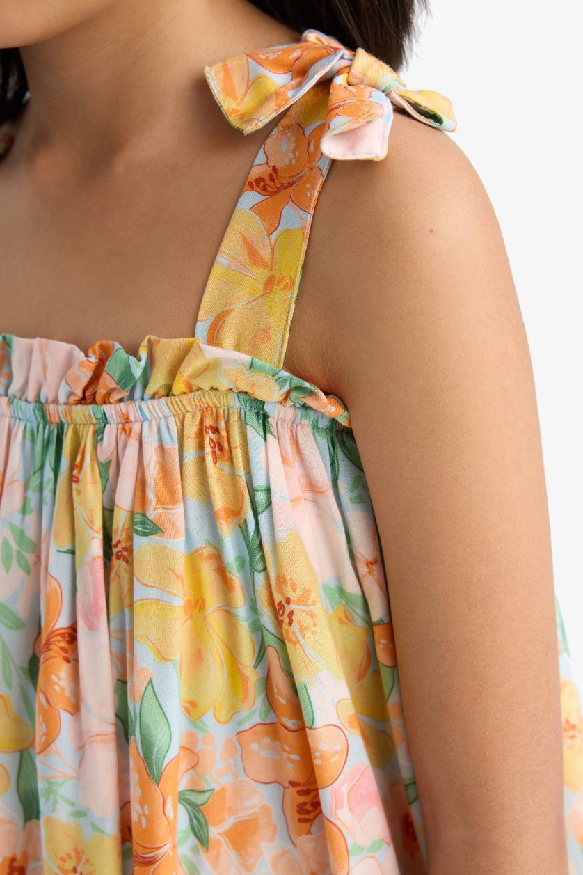 Kız Çocuk - Genç Kız Açık Mavi Askılı Çiçek Desenli Yazlık Elbise Kız Çocuk