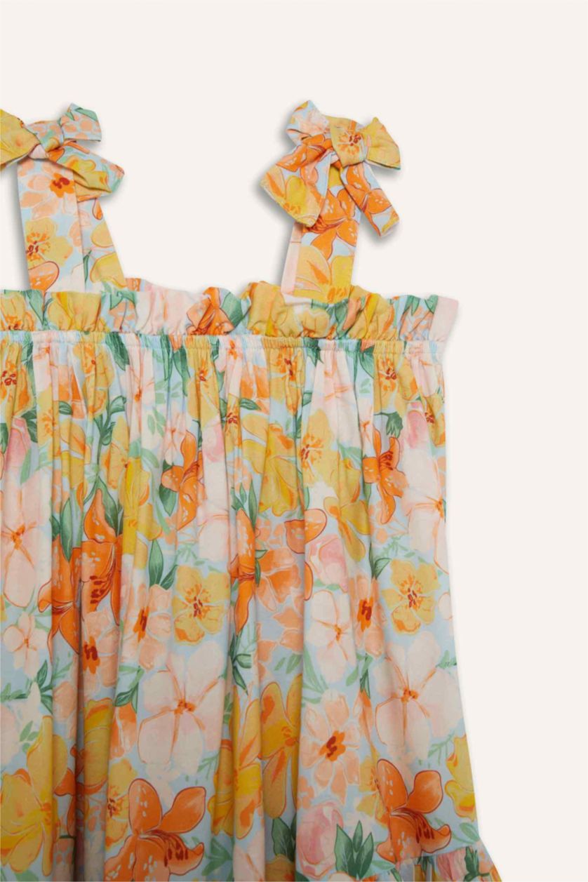 Kız Çocuk - Genç Kız Açık Mavi Askılı Çiçek Desenli Yazlık Elbise Kız Çocuk