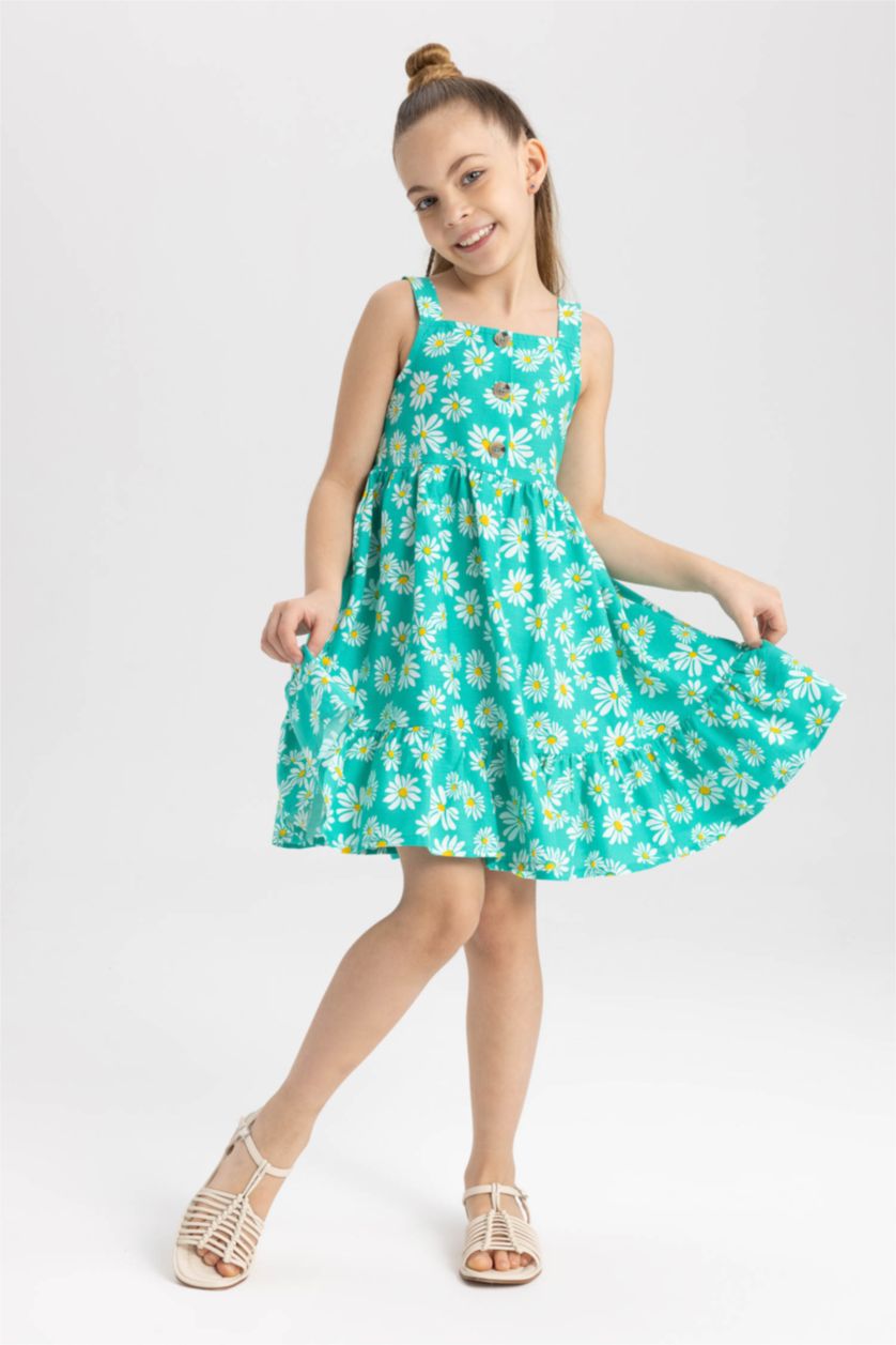 FILLES Bleu Robe en coton sans manches à col carré et à fleurs pour fille