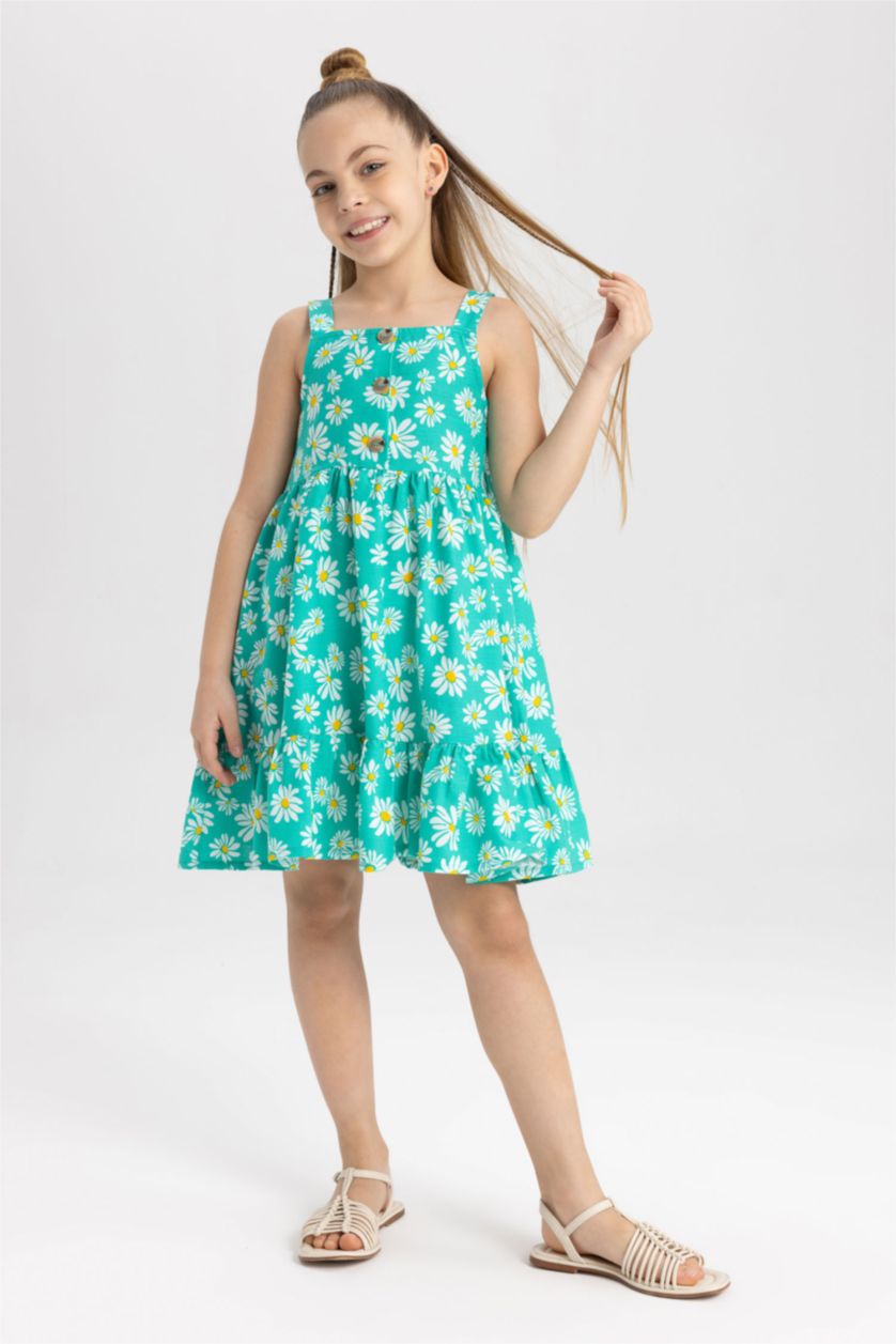 FILLES Bleu Robe en coton sans manches à col carré et à fleurs pour fille