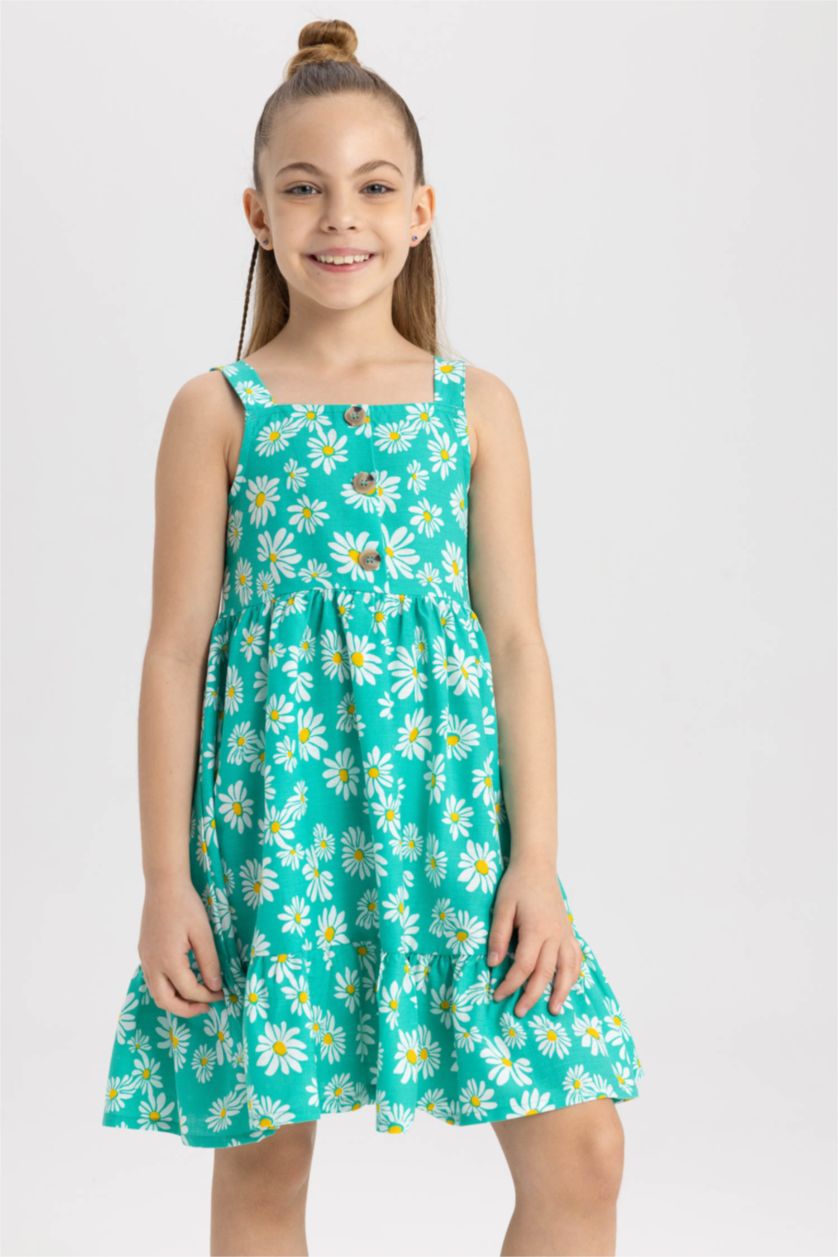 FILLES Bleu Robe en coton sans manches à col carré et à fleurs pour fille