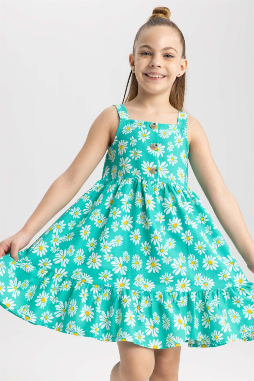 FILLES Bleu Robe en coton sans manches à col carré et à fleurs pour fille