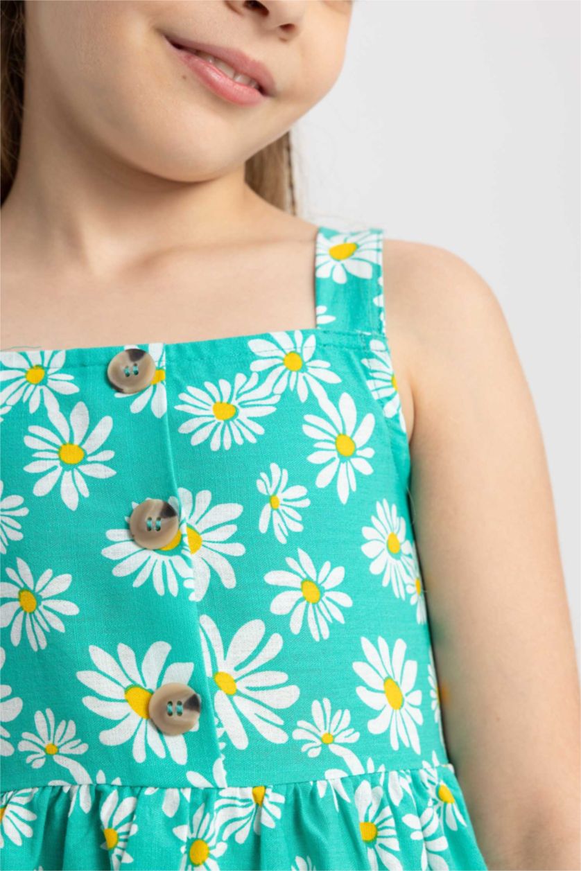 FILLES Bleu Robe en coton sans manches à col carré et à fleurs pour fille
