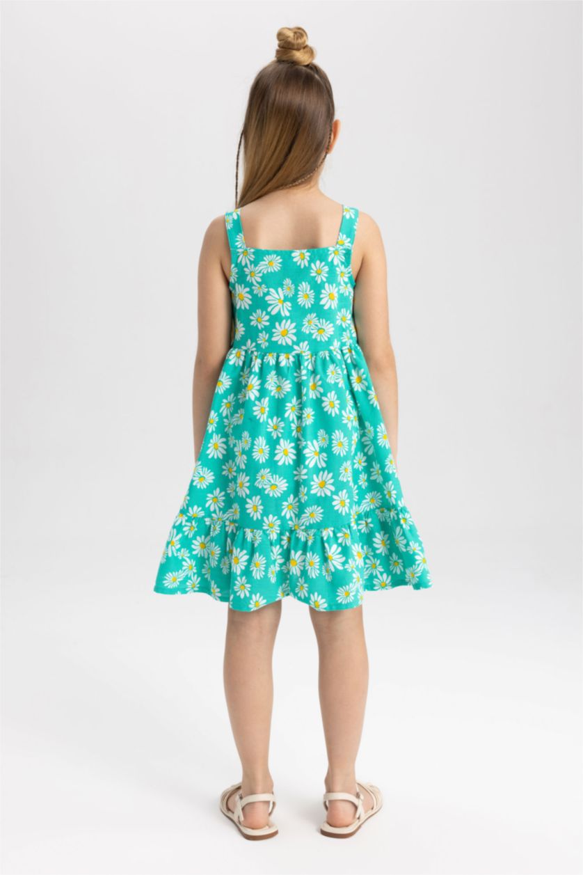 FILLES Bleu Robe en coton sans manches à col carré et à fleurs pour fille