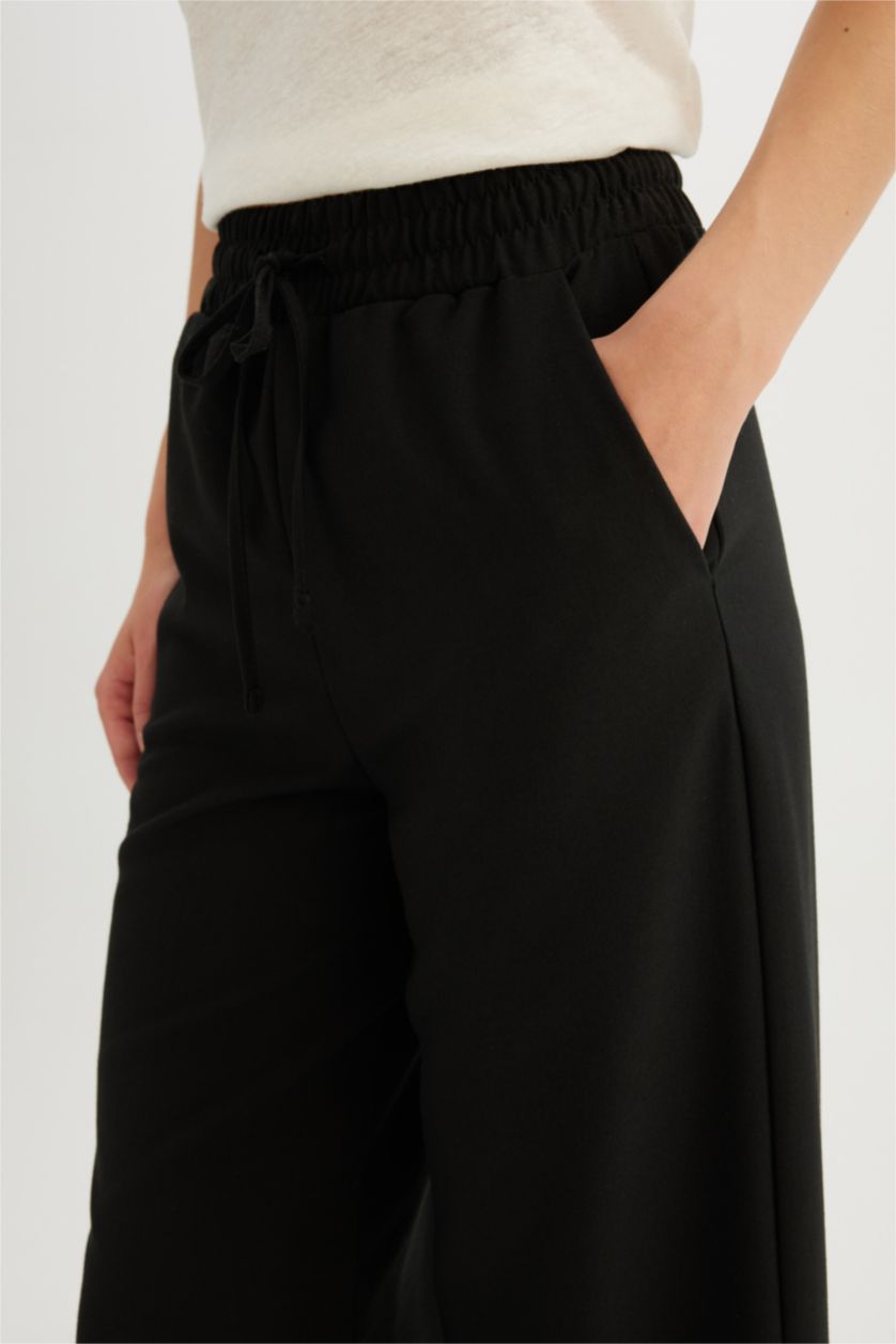 Kadın Siyah Pantolon Wide Leg Geniş Bol Paça Beli Lastikli Bağcıklı