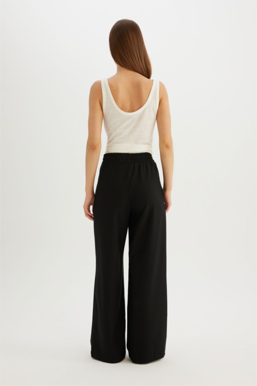 Kadın Siyah Pantolon Wide Leg Geniş Bol Paça Beli Lastikli Bağcıklı