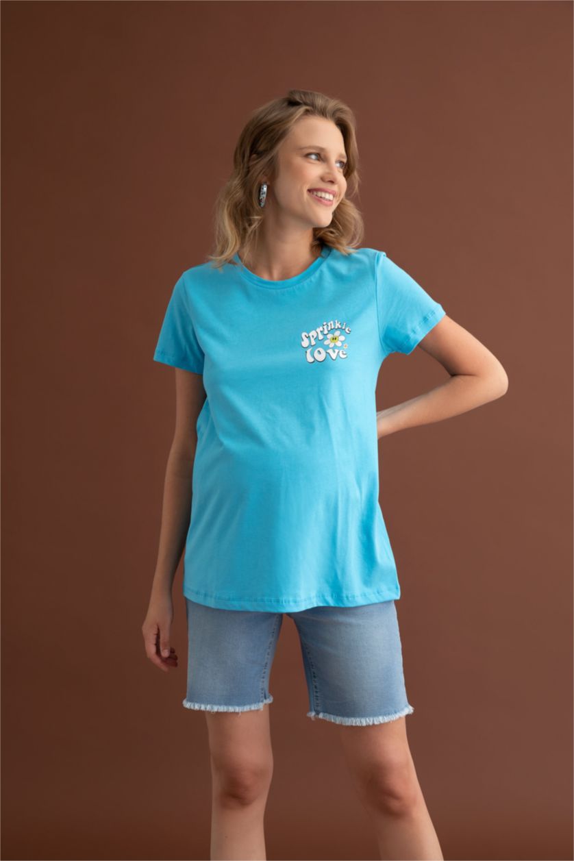 FEMME Bleu T-shirt de maternité à manches courtes avec imprimé à coupe régulière