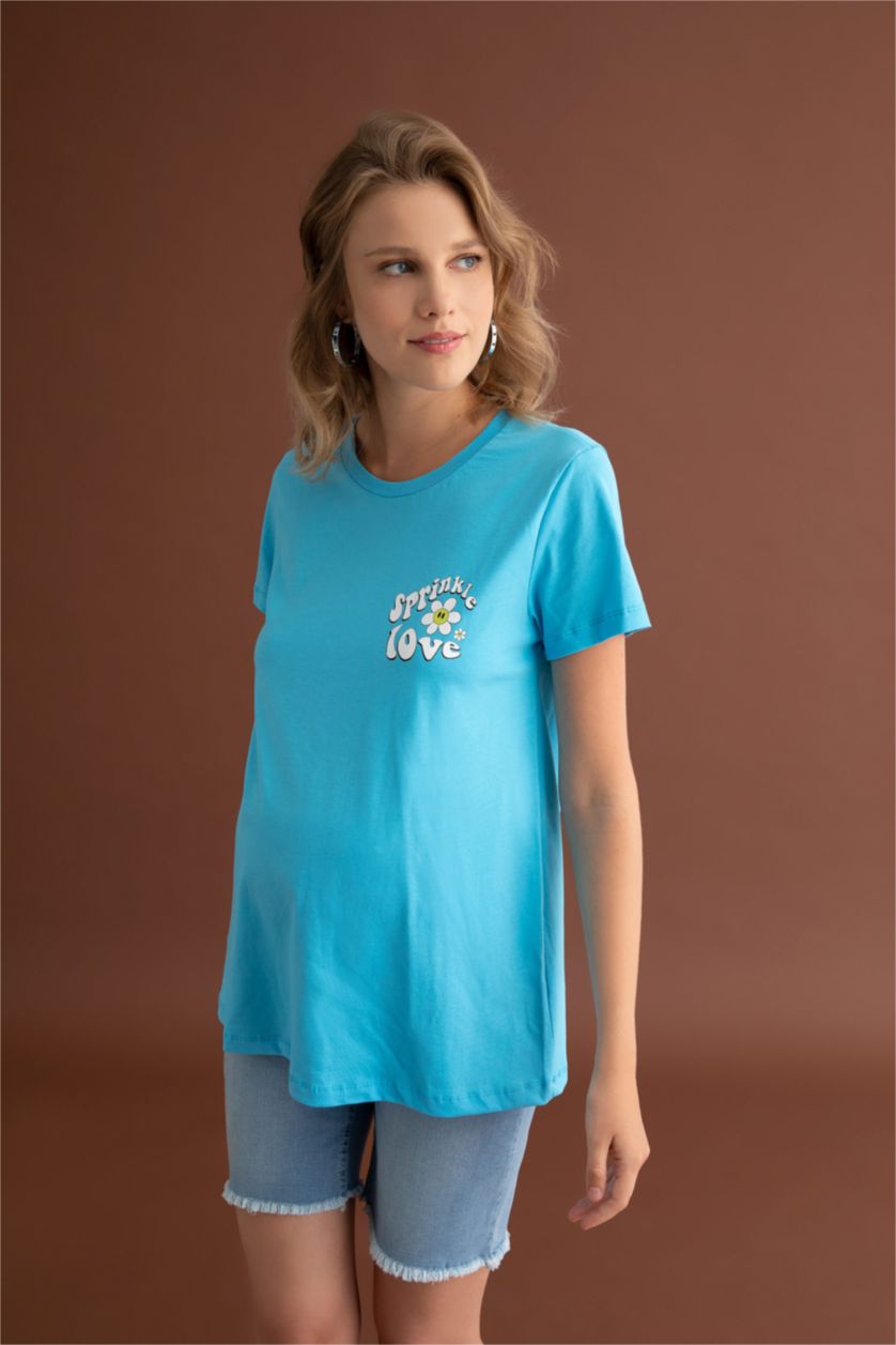 FEMME Bleu T-shirt de maternité à manches courtes avec imprimé à coupe régulière