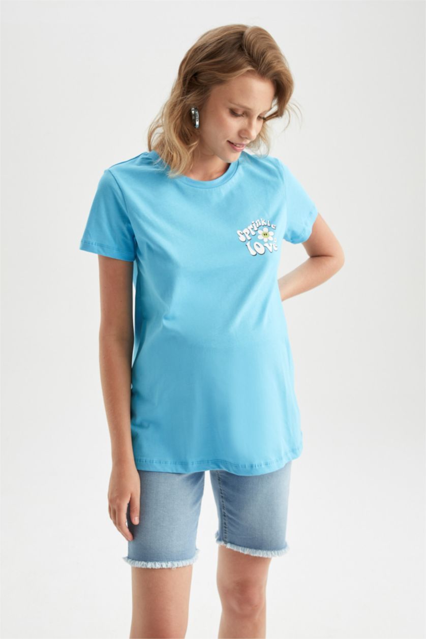 FEMME Bleu T-shirt de maternité à manches courtes avec imprimé à coupe régulière