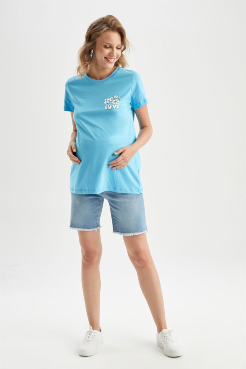 FEMME Bleu T-shirt de maternité à manches courtes avec imprimé à coupe régulière