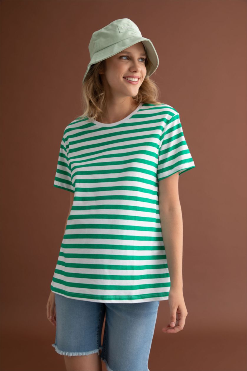 Kadın Yeşil Regular Fit Çizgili Kısa Kollu Hamile %100 Pamuk Tişört