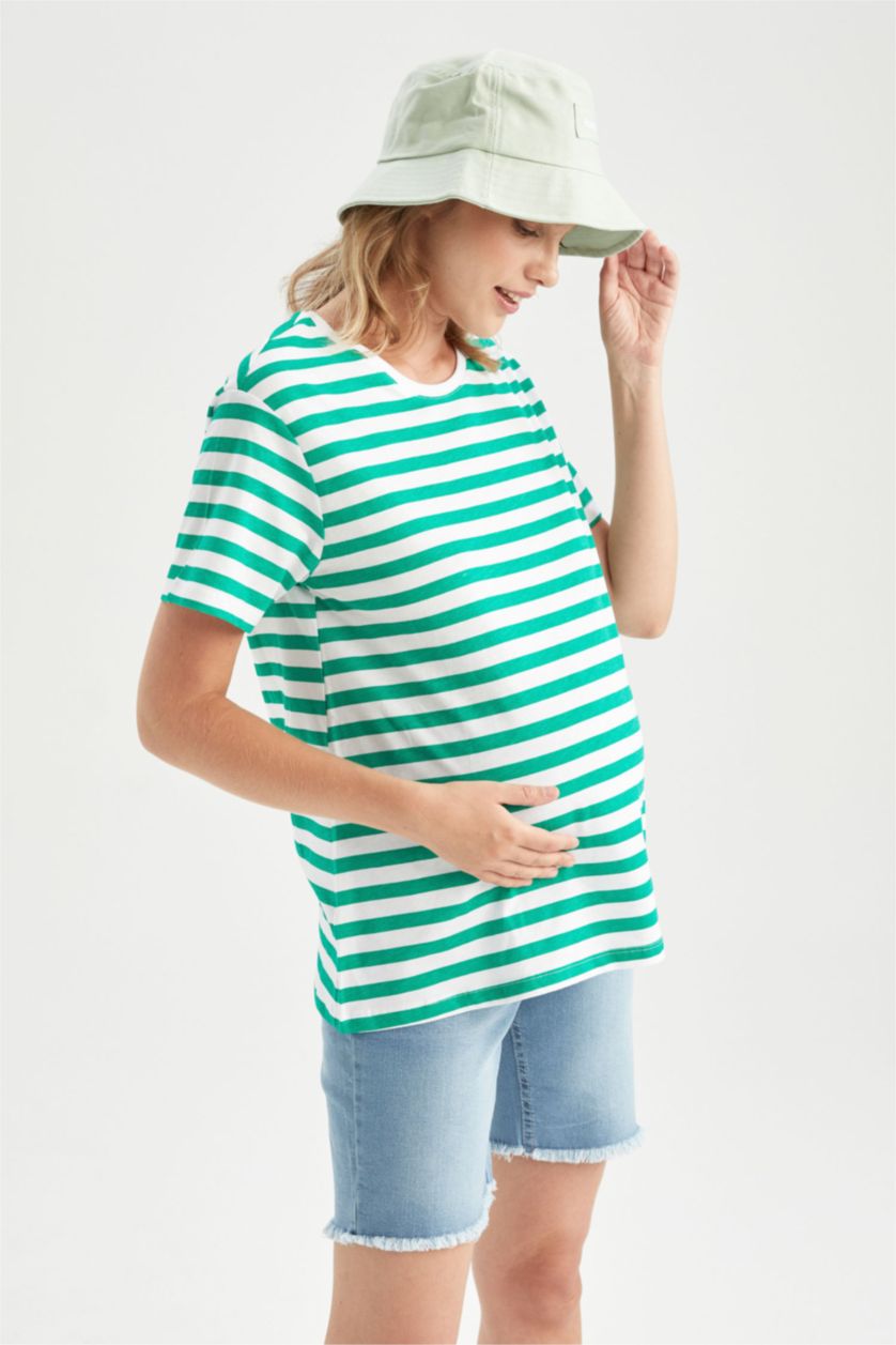 Kadın Yeşil Regular Fit Çizgili Kısa Kollu Hamile %100 Pamuk Tişört